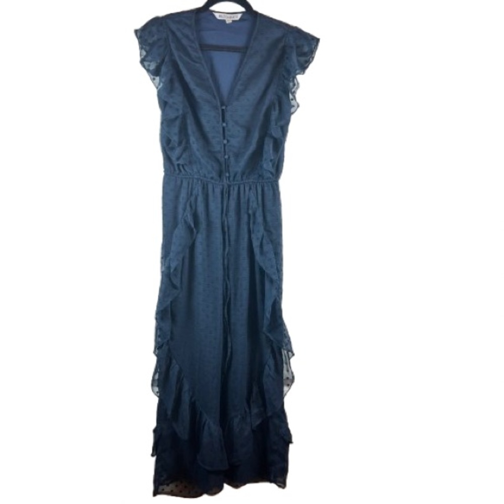 Walter Baker Navy Ruffle Jumpsuit XS Flutter Sleeve Swiss Dot Sheer Overlay
